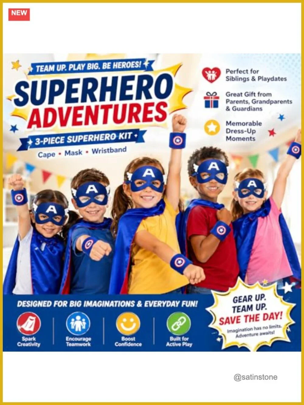 Superhero Cape & Mask Set for Kids, Satin Pretend Play, Felt Masks